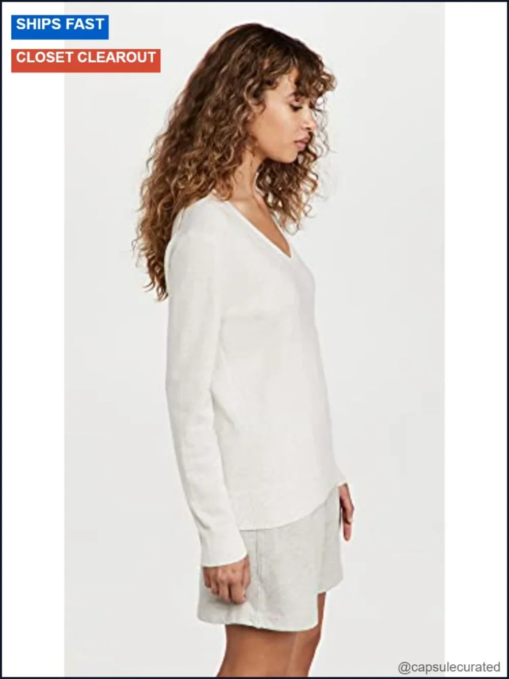 Cashmere V-Neck Pullover Sweater (Heather White)